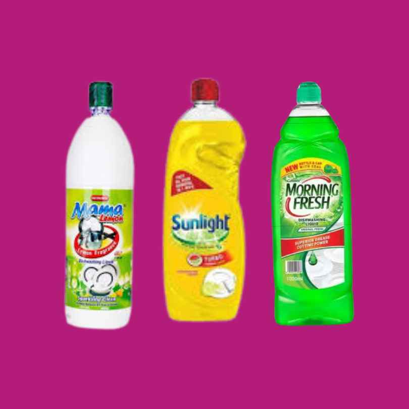 dishwashing liquids in lilac background